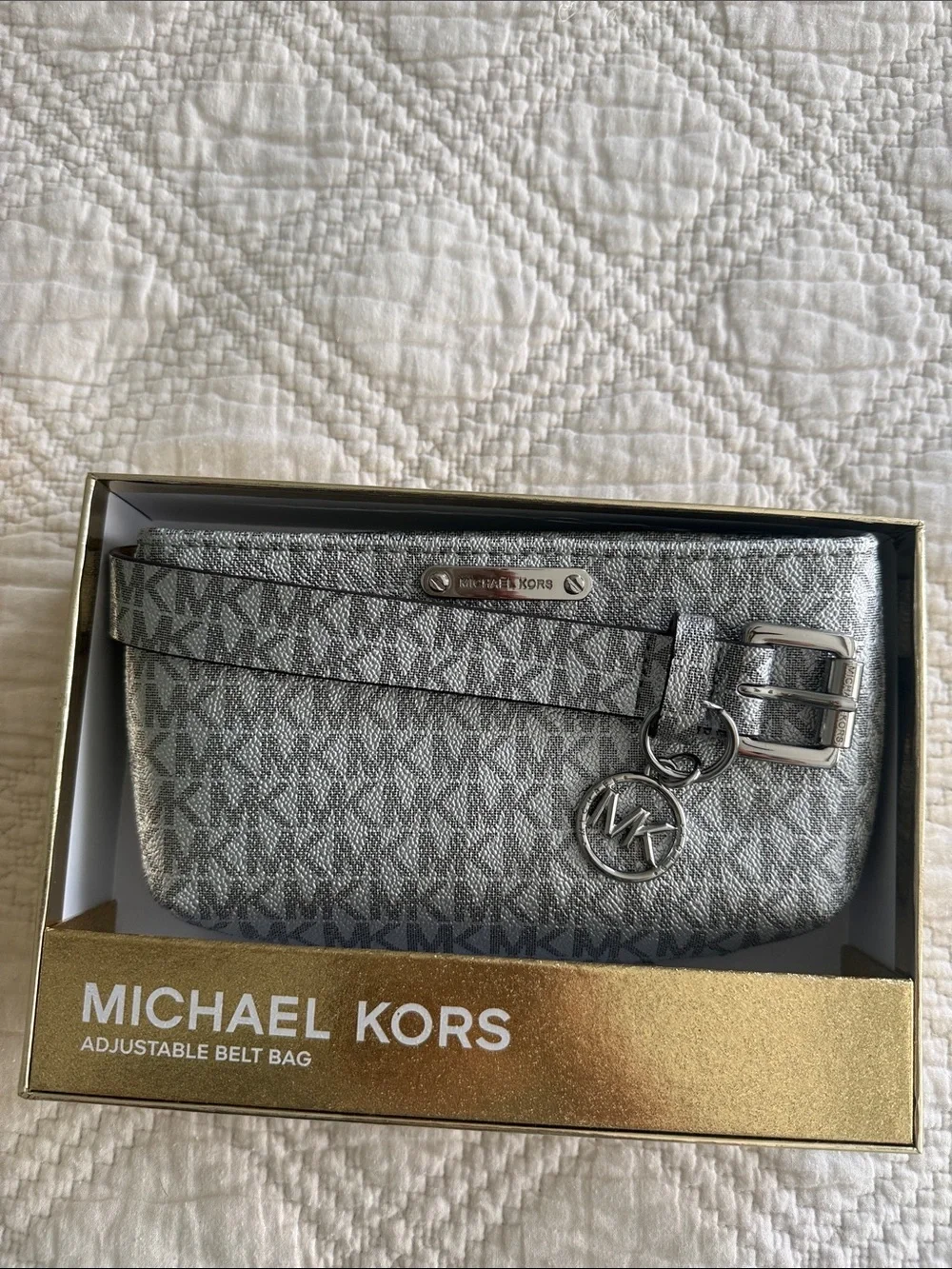 Michael Kors Adjustable Belt Bag KeyChain Set of 2 Sz S/M Silver Signature NWOT